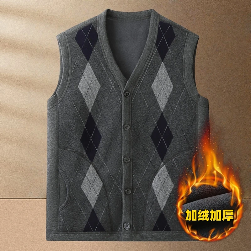 爸爸装加绒马甲秋冬季新款德绒加绒加厚保暖背心中老年爷爷坎肩