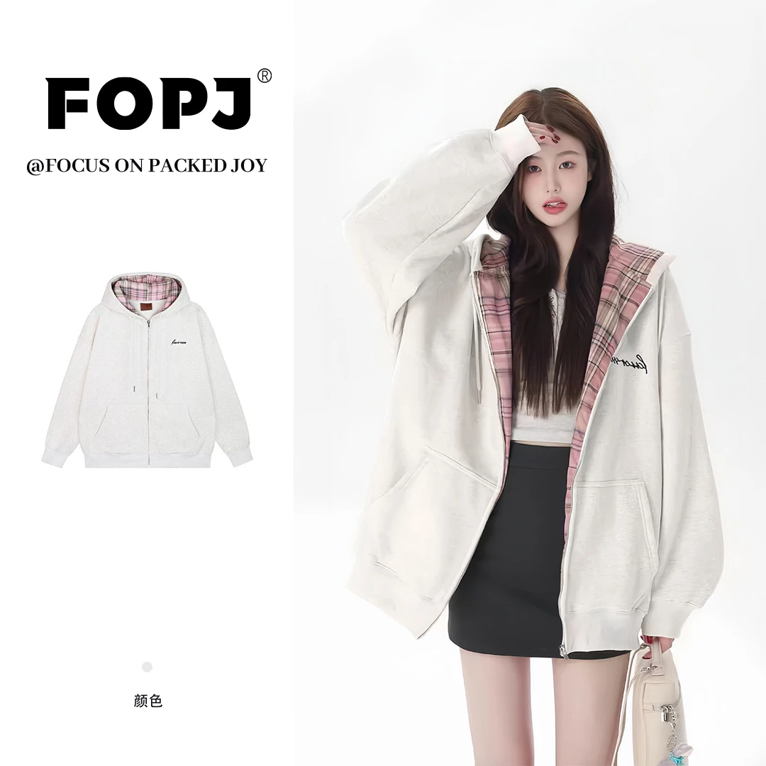 FOPJ美式休闲宽松格子拼接灰色连帽卫衣女款秋冬百搭开衫外套上衣