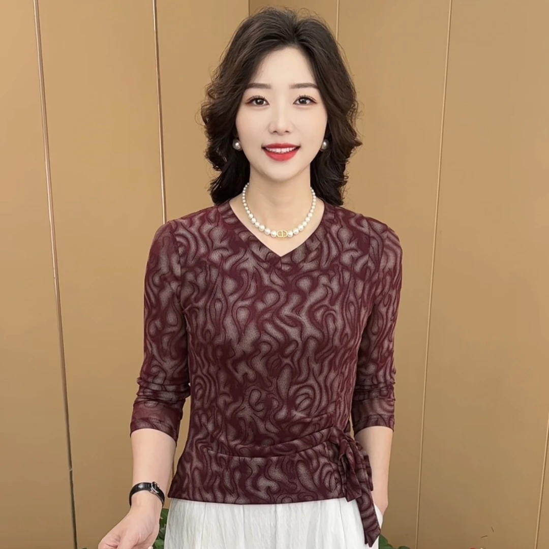 早秋新款时尚V领系带收腰设计感洋气妈妈装显瘦百搭长袖上衣K9810