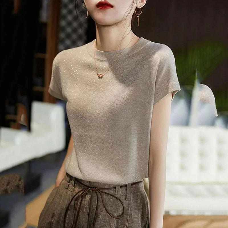哥弟阿玛施正2025夏季新款圆领洋气显瘦亮丝冰丝针织短袖T恤上衣