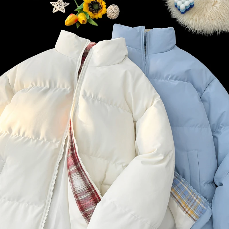 fitcheck格子拼接棉服男女冬季加绒加厚无帽棉衣美式立领情侣外套