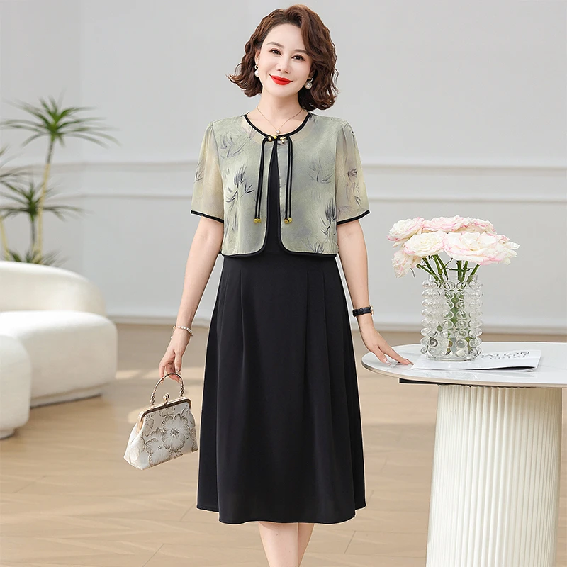 2025新款中老年夏装女短袖洋气真两件裙子中年妈妈夏季雪纺连衣裙