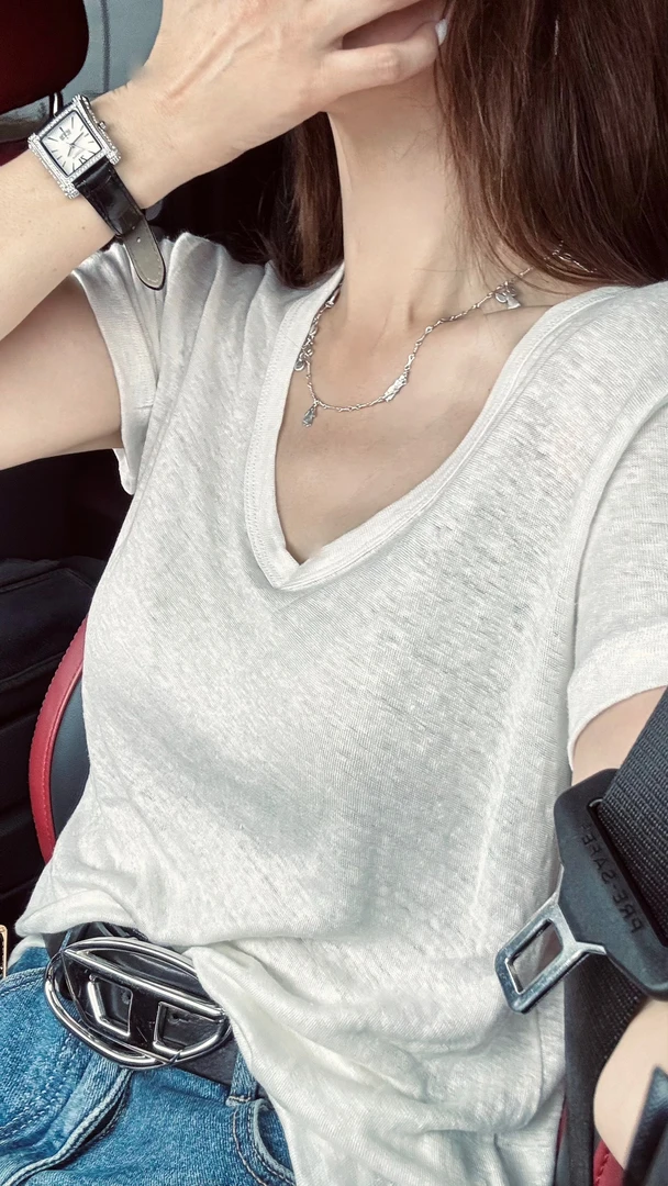 53553#V领亚麻透气短袖t恤