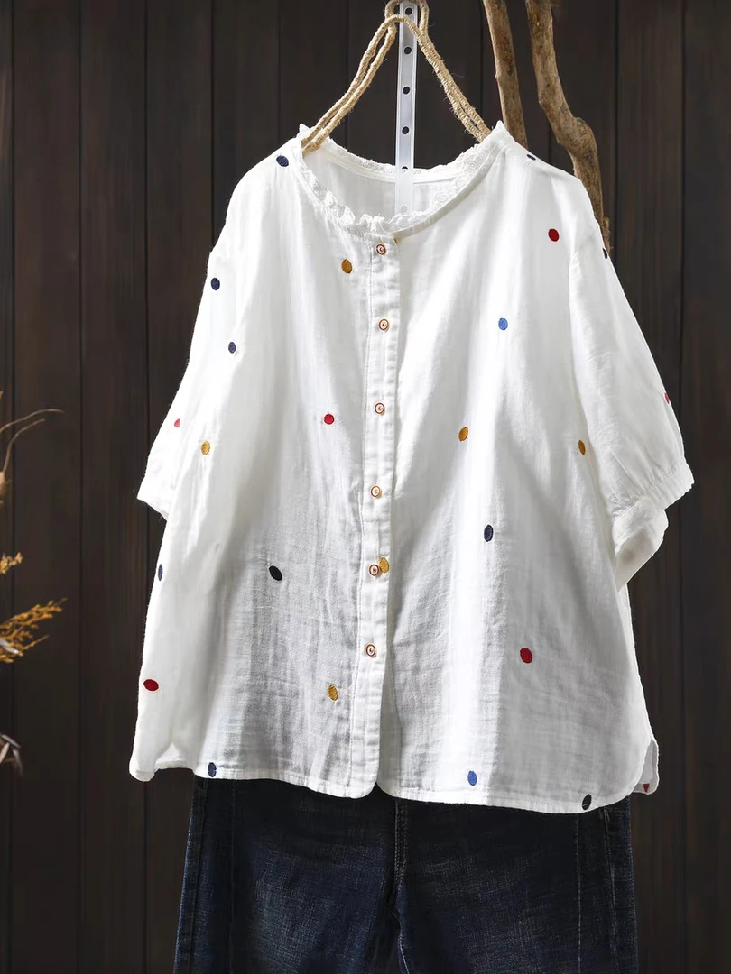 白色波点刺绣纯棉花边领五分袖衬衫女夏2025新款休闲减龄薄款小衫