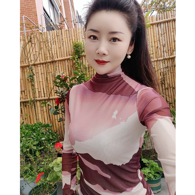 【自由鸟专属】撞色印花t恤女长袖2025新款时尚修身网纱上衣打底衫