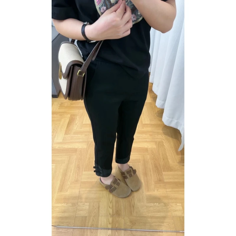 WenWen小个子2024年新款国风盘扣显瘦九分烟管裤438黑色黑色弹力