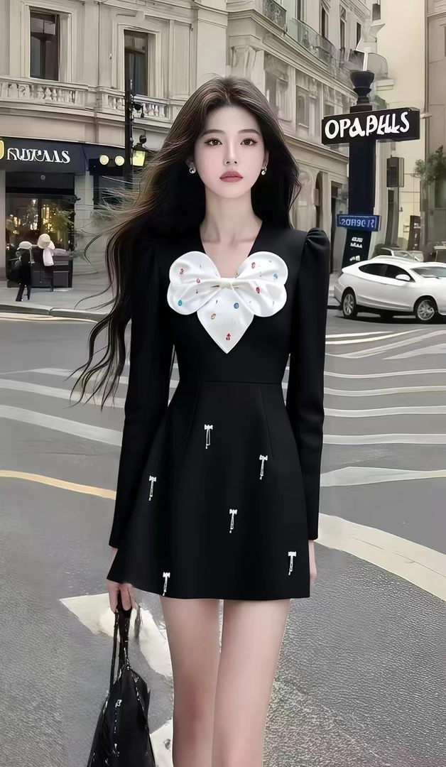 时尚新款韩版温婉淑女风黑色V领长袖收腰设计感百搭显瘦连衣裙女