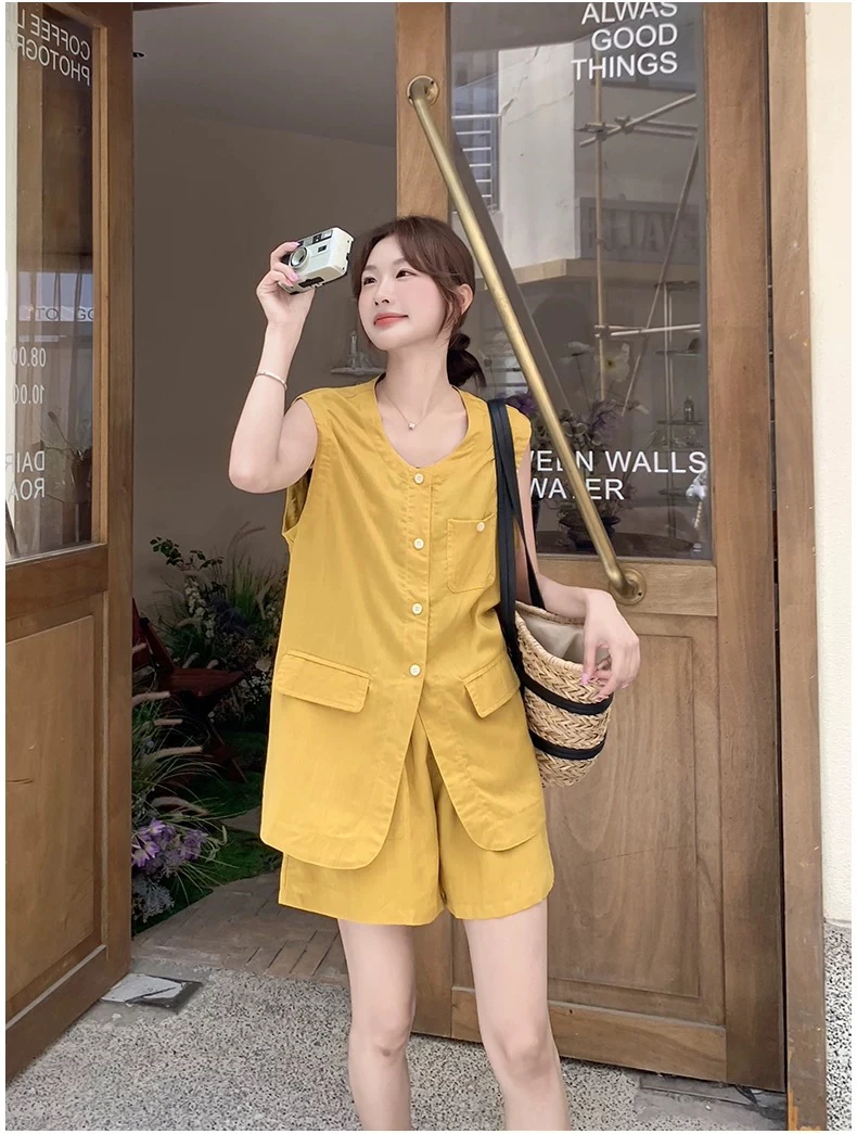 韩系老钱风宽松显瘦马甲短裤夏季新款极简风套装