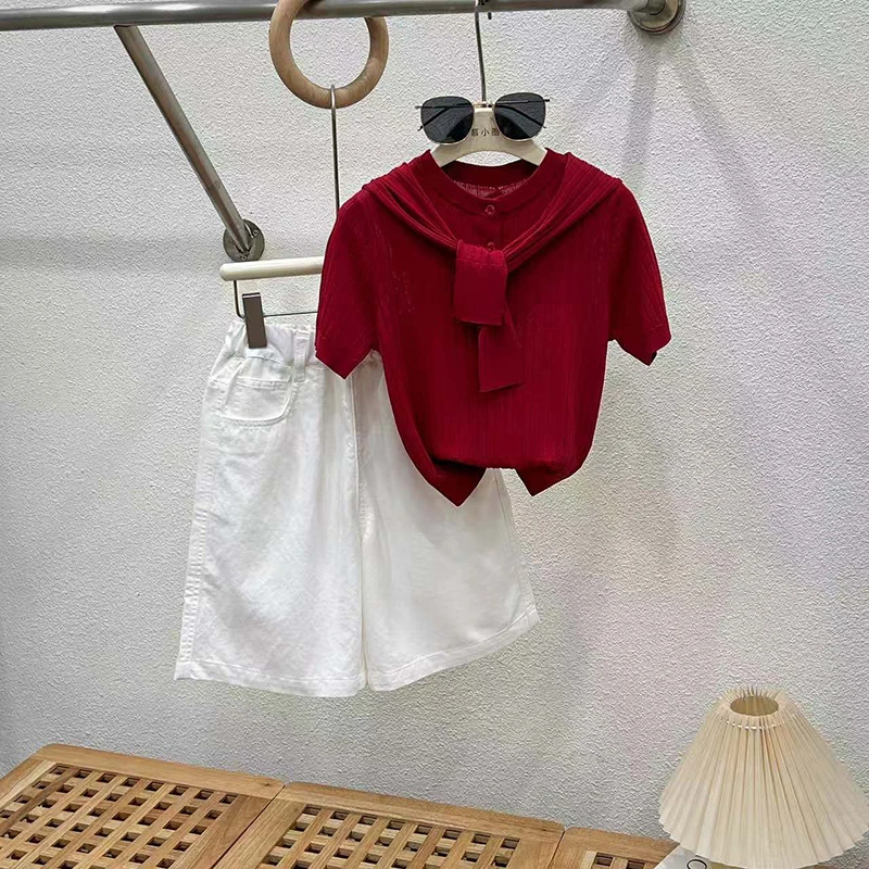 女童中裤套装2025新款五分裤儿童夏装短袖中大童裤子洋气品质童装