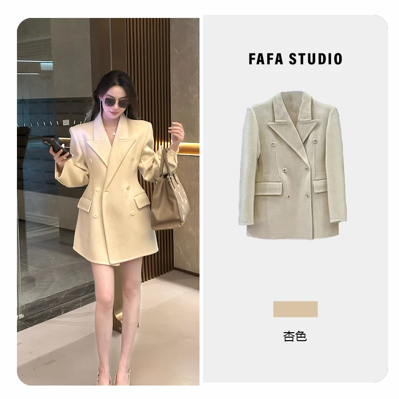 FAFA STUDIO瘦腰西装版型毛呢外套杏色轻职风显瘦气质时尚双排扣.