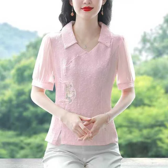 轻国风泡泡短袖雪纺衫女夏季新中式翻领盘扣小衫复古斜襟提花上衣