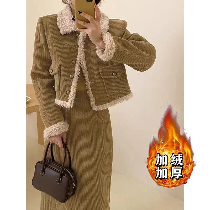 加绒加厚小香风时尚套装2025新款高级感短外套半身裙两件套1676