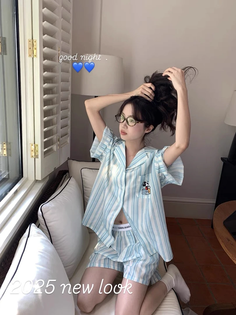 【翘腿米奇】 自制海洋蓝白条纹米奇夏季家居服遛弯套装外穿睡裤