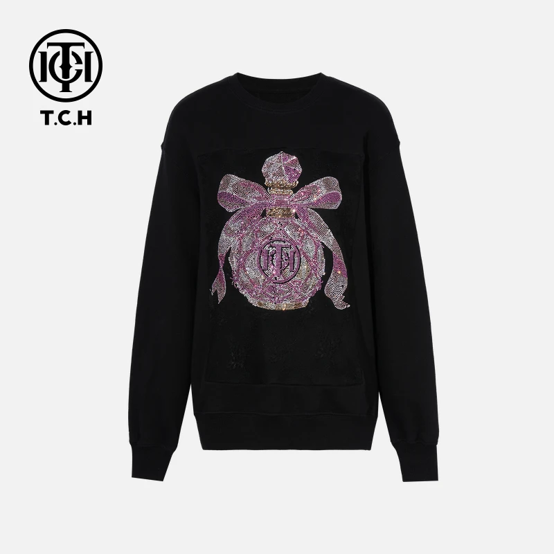 TCH私服烫钻工艺时尚休闲蝴蝶结设计卫衣女T75C11B1006轻奢tch