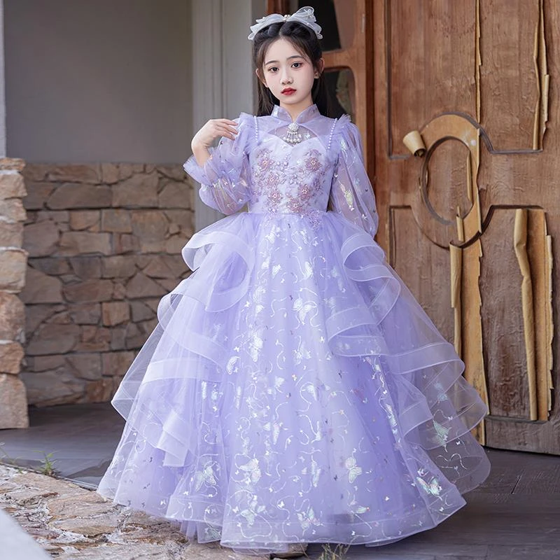 范哲萨女童礼服高端轻奢小众长袖紫色梦幻花童婚纱绝美走秀演出服