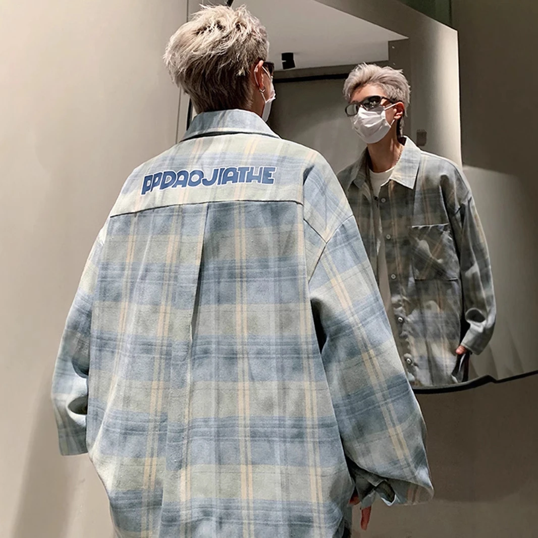 扎染格子长袖衬衫男秋季新款美式潮牌宽松大码青少年休闲衬衣外套