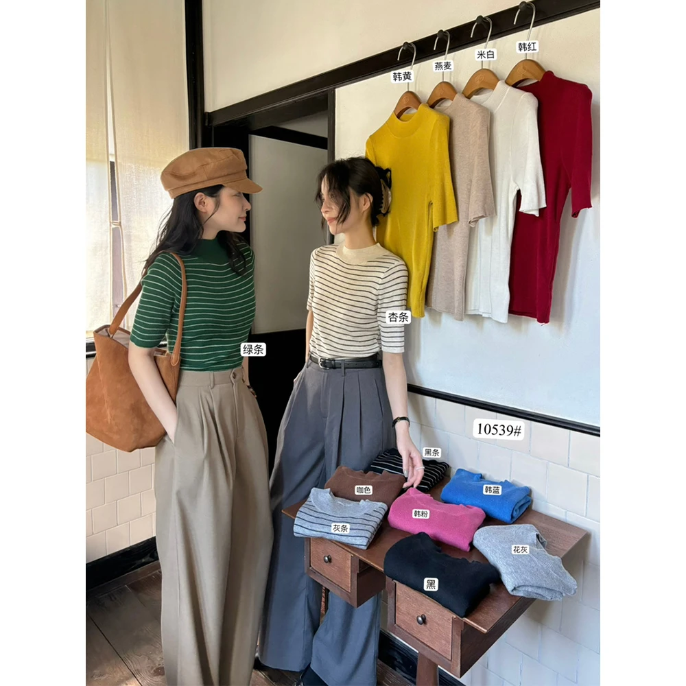 韩系百搭半高领条纹针织衫女春夏显瘦复古修身正肩套头短袖打底衫