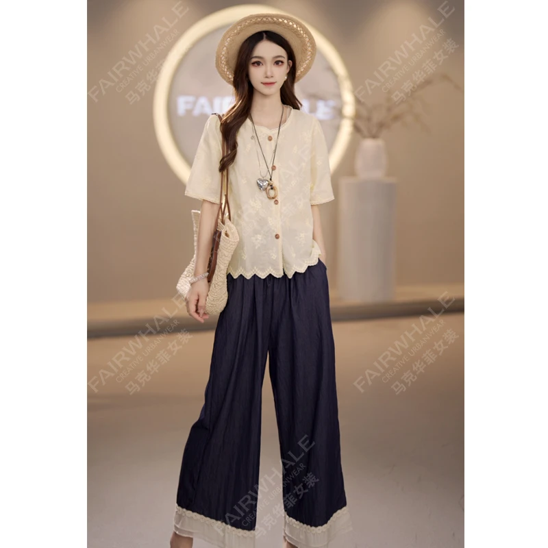 马克华菲舒适简约纯色百搭气质圆领女短袖单排扣刺绣衬衫上衣休闲