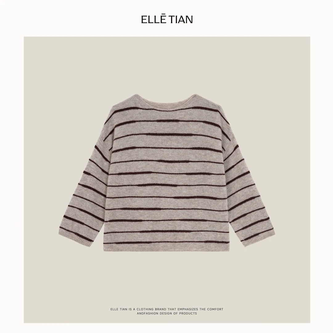ELLETIAN "线条画笔"绵羊毛+山羊绒+桑蚕丝条纹套头毛衣EADM001