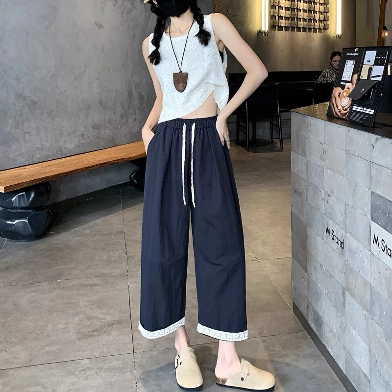 【7620】佰#设计感蕾丝边直筒宽松休闲裤