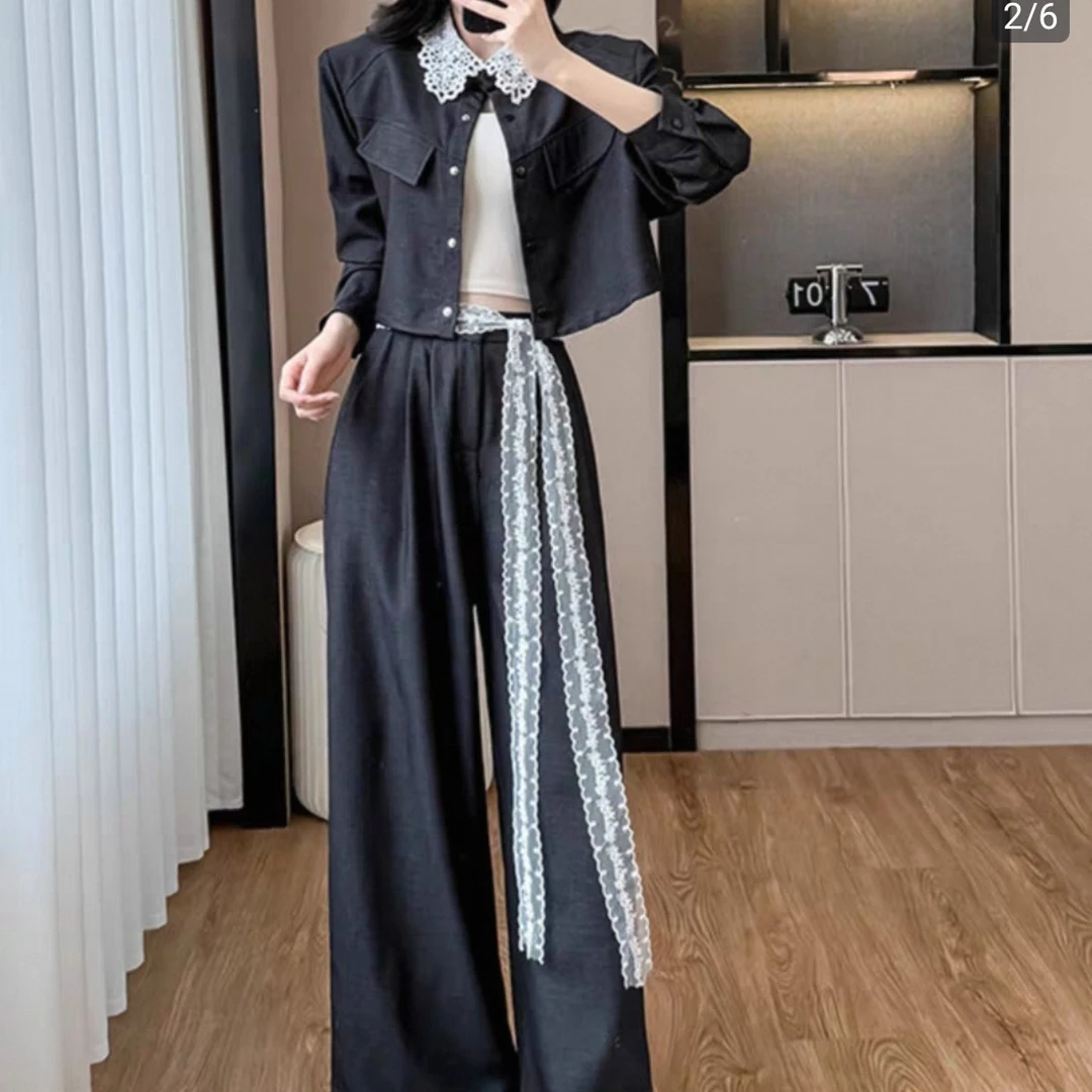 2513春秋新款韩版蕾丝花边长袖短衬衫阔腿裤两件套