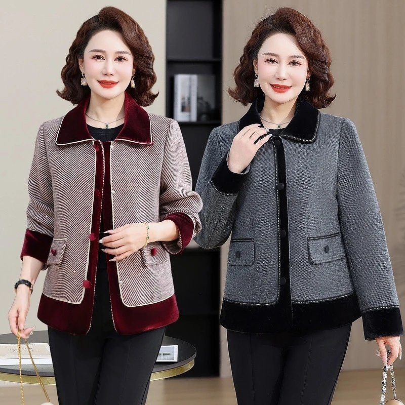 时尚妈妈装2025新款中老年女装春季洋气外套丝绒拼接小香风上衣