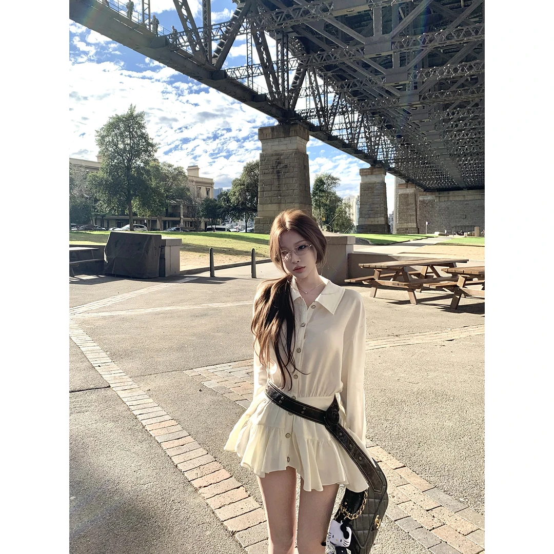 Suuuicee 西亚麦浪 气质收腰大裙摆长袖衬衫裙百搭短裙（送安全裤