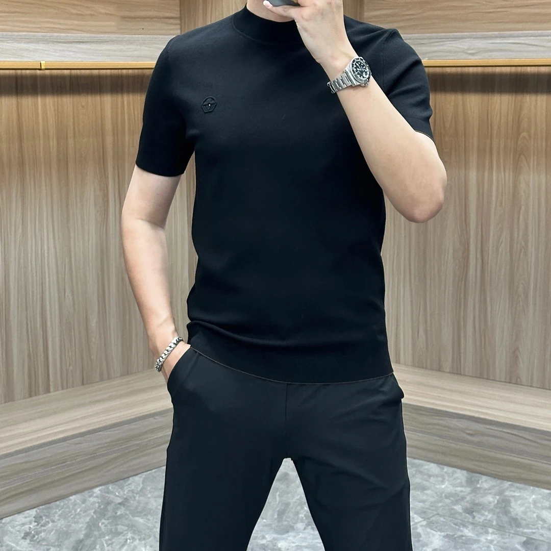 春季男士商务潮流毛衣针织打底衫修身圆领短袖毛衣简约纯色高品质