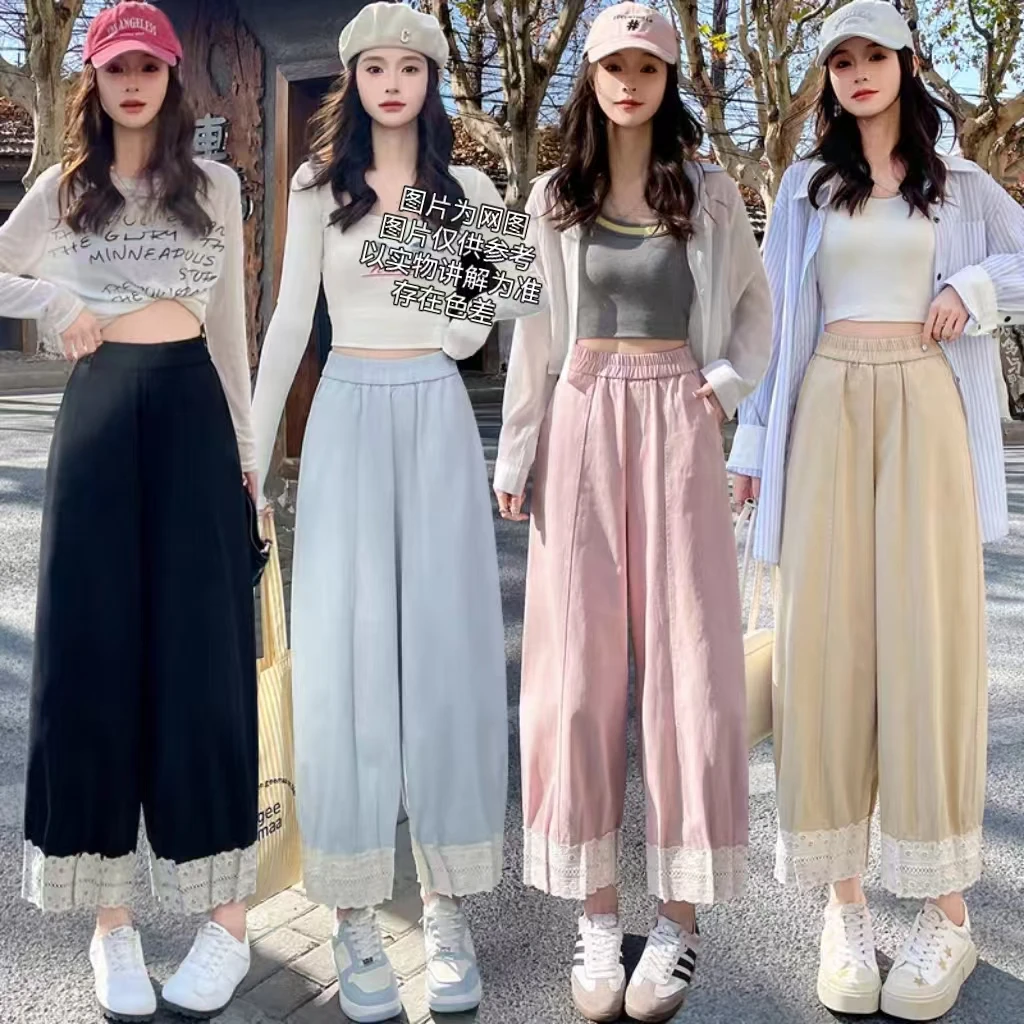 2025夏季新款大码女装韩系设计感蕾丝拼接九分灯笼裤