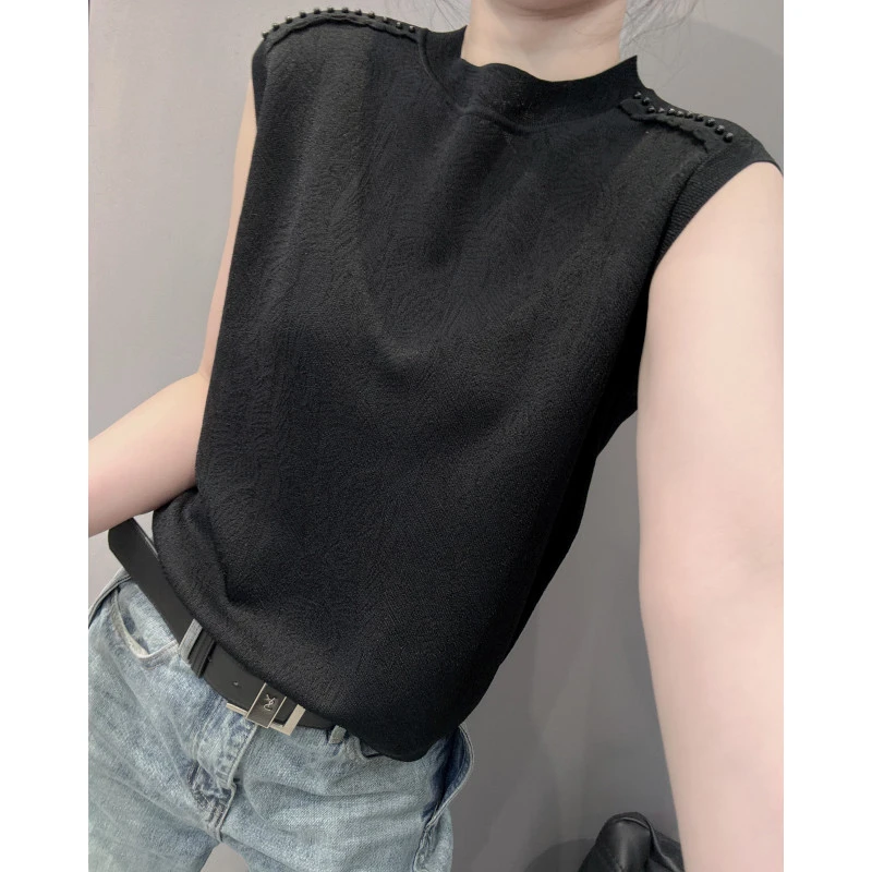 冰丝针织衫背心女夏设计感钉珠宽松气质百搭黑色无袖上衣欧货小衫