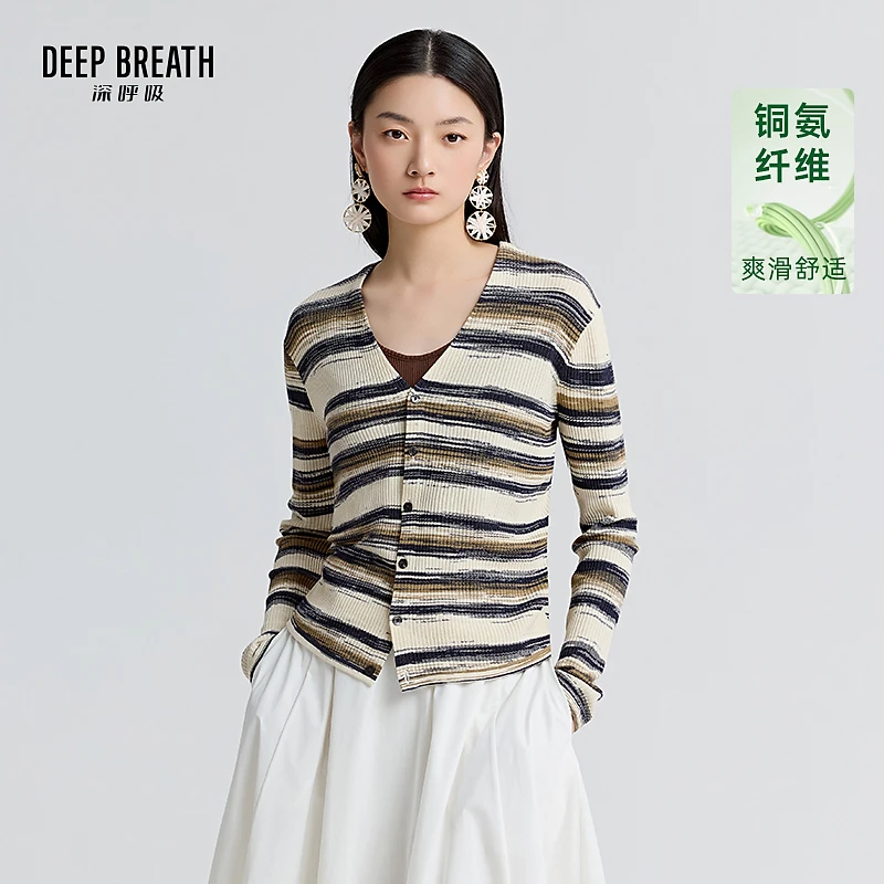 DEEP BREATH深呼吸女装简约V领彩条撞色纽扣长袖针织开衫A401436