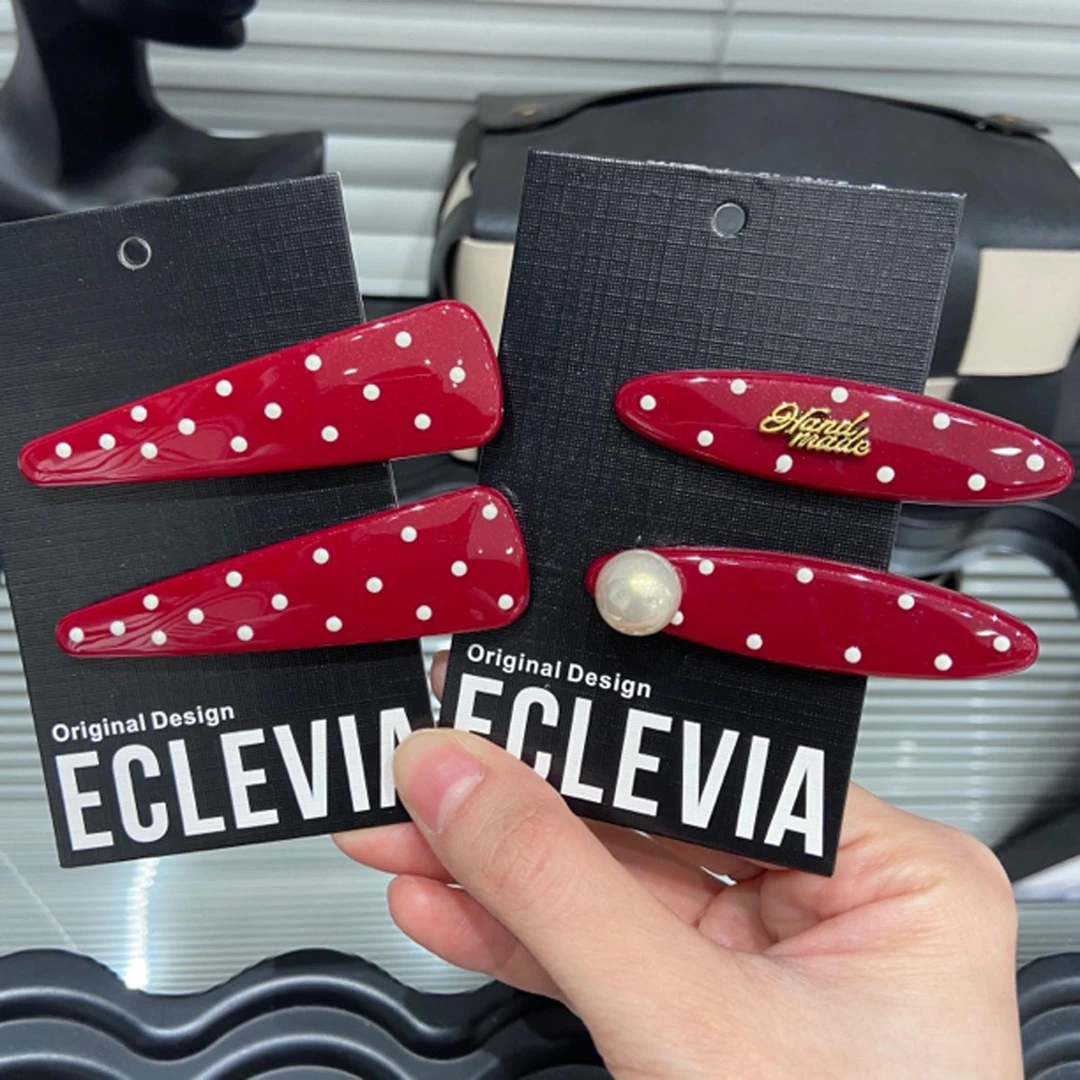 E5190 韩系红色波点鸭嘴夹一对显白百搭刘海夹发夹可爱复古一字夹