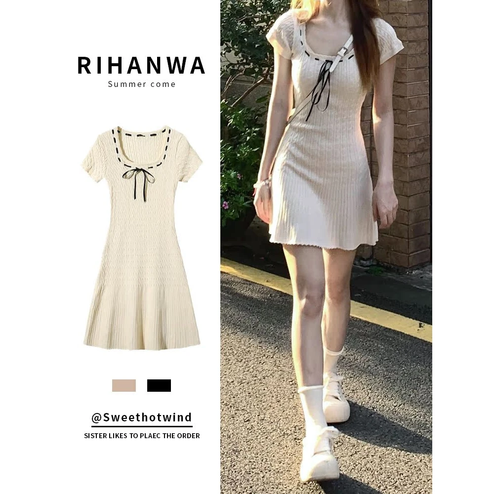 学院风纯欲辣妹冰丝针织绞花连衣裙小个子修身显瘦气质短裙2025年