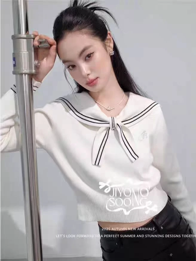 【济州岛】rich家 小众设计甜美少女风减龄修身海军领针织衫