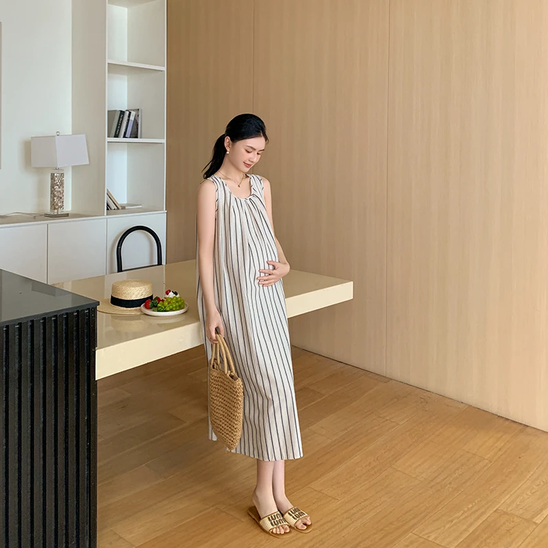 ZMA孕妇装【无袖竖条连衣裙】2025新款夏季韩系气质宽松遮肚显瘦