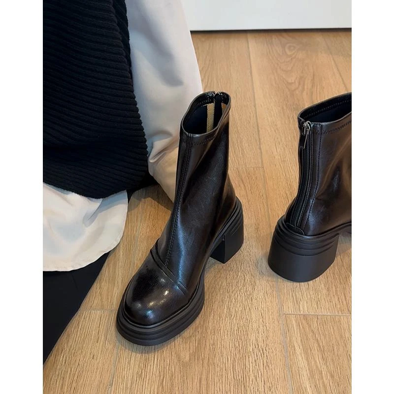 羊皮版~真皮厚底增高小个子高跟短靴女圆头加绒秋冬瘦瘦靴马丁靴