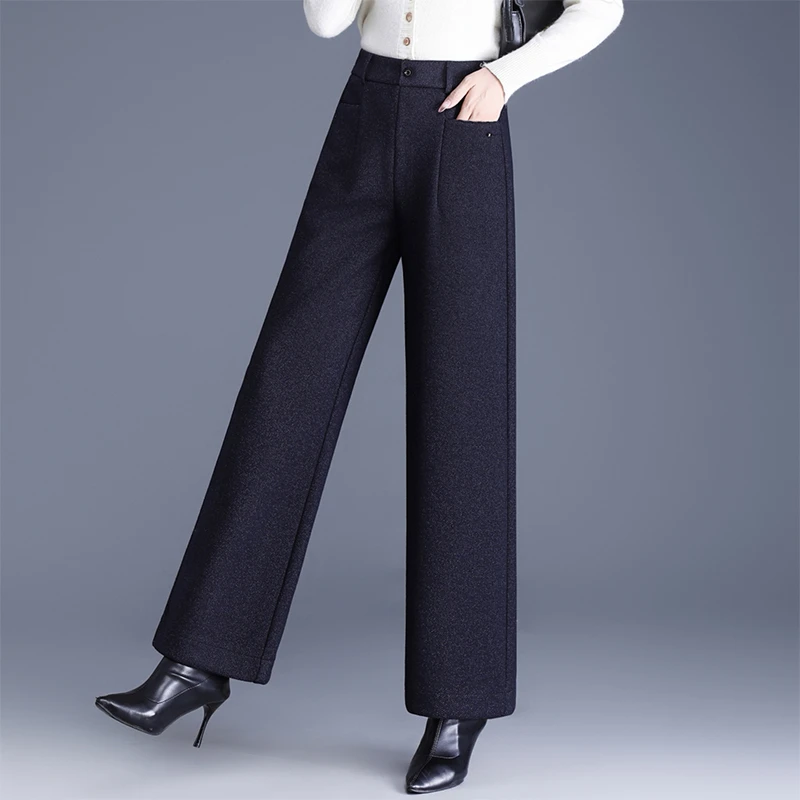 丹宁蓝毛呢阔腿裤女2025新款秋冬时尚中年妈妈高腰显瘦垂坠呢子裤
