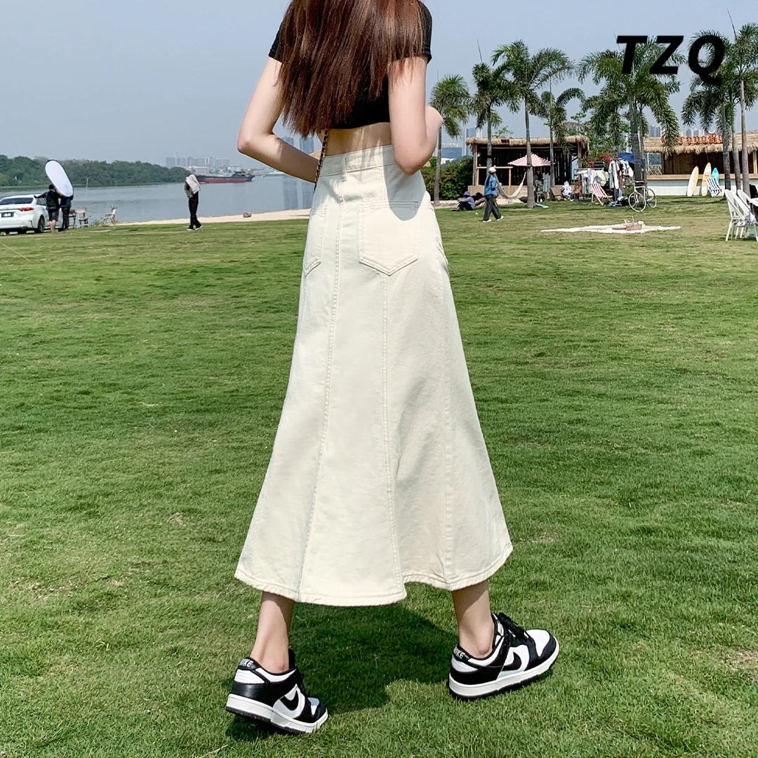 白色高腰牛仔半身裙女2025新款夏季中长a字包臀鱼尾裙TZQ2562804