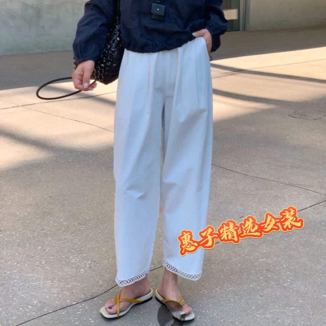 夏季纯色九分裤新款时尚休闲洋气花边设计显瘦松紧腰时髦百搭裤女