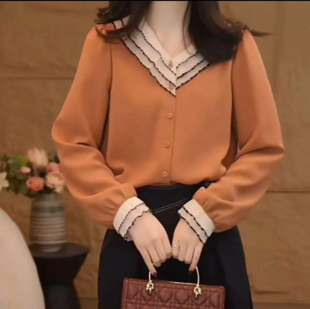 欧若风浪小众气质百搭显瘦衬衫砖红色设计感宽松时尚休闲女士衬衣