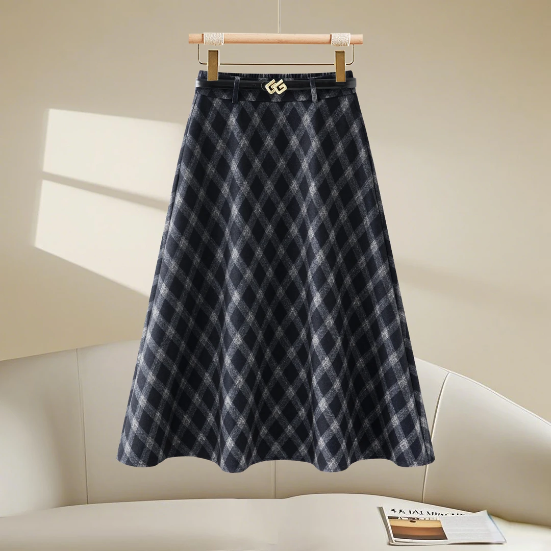 高端毛呢格子半身裙女秋冬2025新款高腰Aa字加厚中长款休闲大摆裙