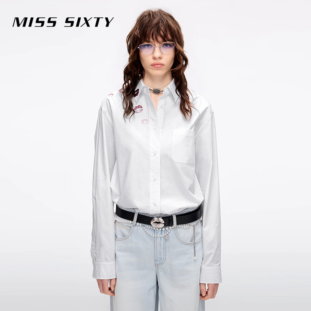 Miss Sixty2025夏季新款长袖衬衫女钉珠片唇印宽松中长款薄上衣