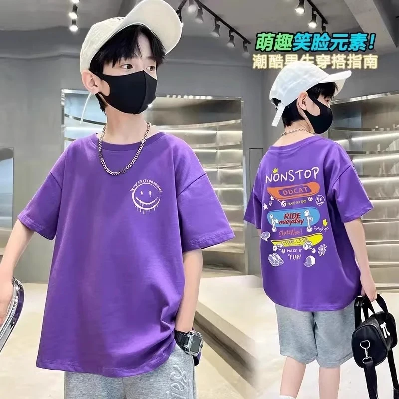 2025新款韩版儿童短袖夏季宽松半袖上衣男小孩休闲印花圆领T恤潮