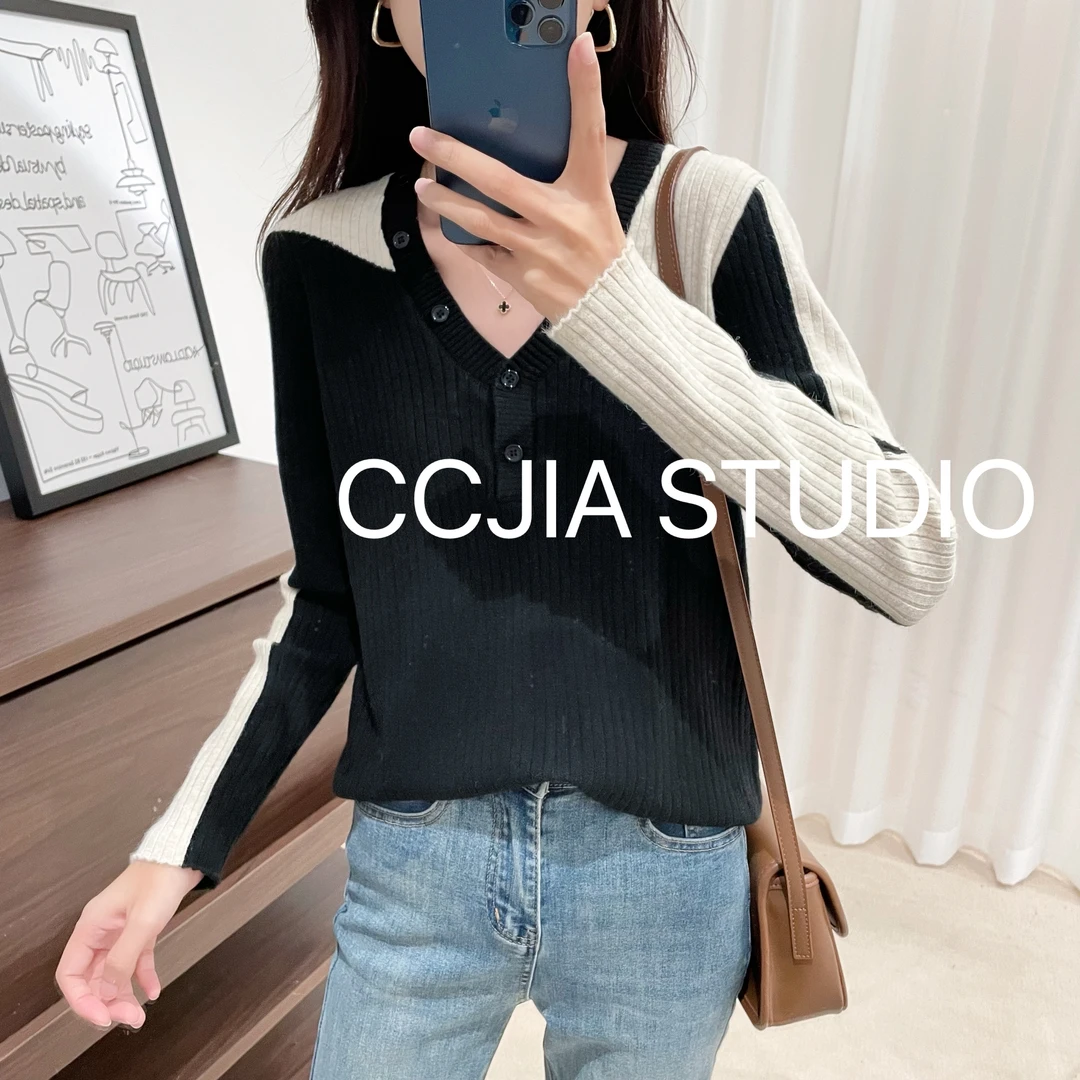 【V领拼色纽扣】圆领拼色宽松百搭时尚春秋长袖毛衣针织衫