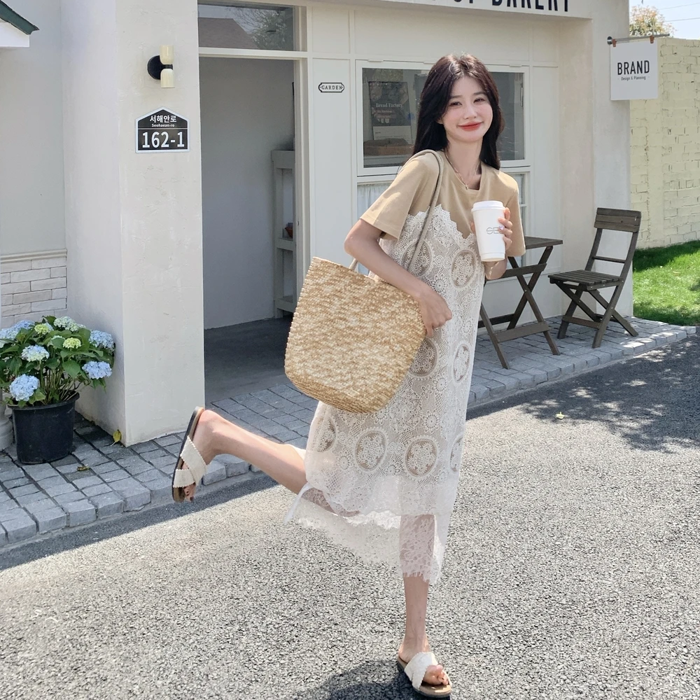 假两件蕾丝拼接连衣裙女2025新款时尚法式碎花气质爆款巨好看裙子