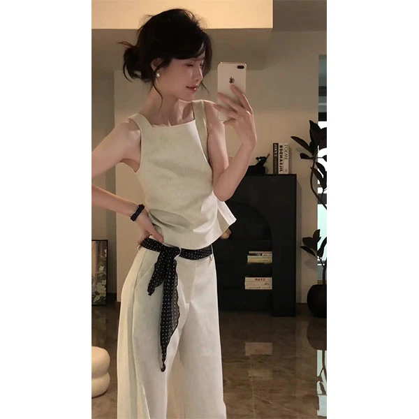 老钱风无袖衬衫女夏季设计感小众复古收腰系带镂空上衣+裤子套装