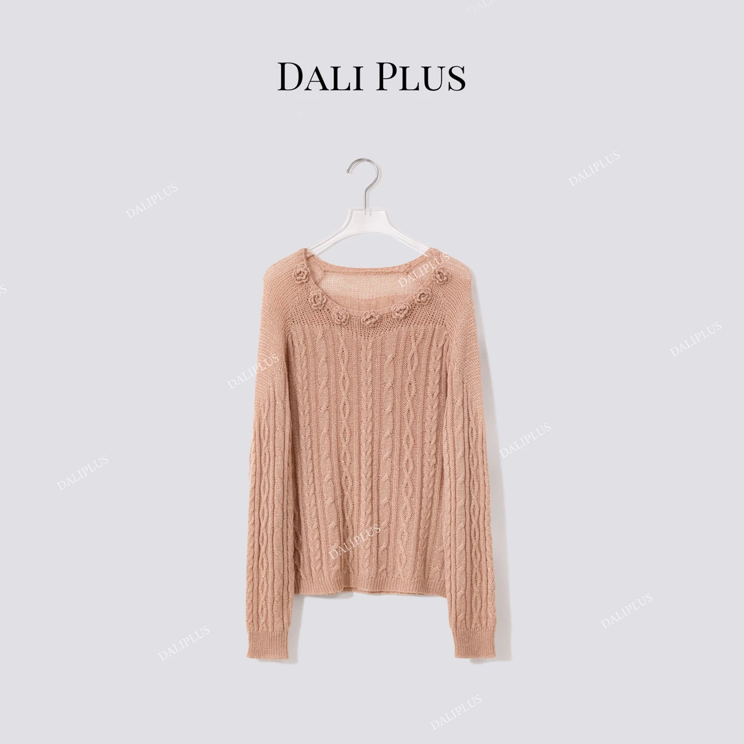 DALI PLUS“山羊绒7朵立体钩花针织”镂空绞花插肩袖套衫-D5CK2139