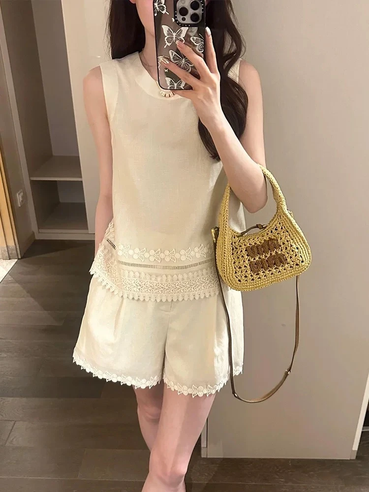 珩绣花边刺绣亚麻背心套装女夏2025新款简约休闲短裤两件套Y036