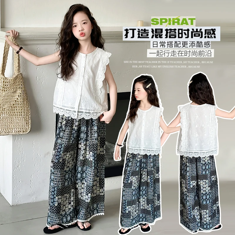 女童夏款蕾丝娃娃衫薄阔腿裤套装中大童时尚无袖上衣碎花裤两件套