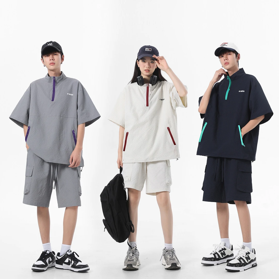 2025夏季运动泡泡纱套装男女情侣休闲设计polo衫口袋短裤2件套